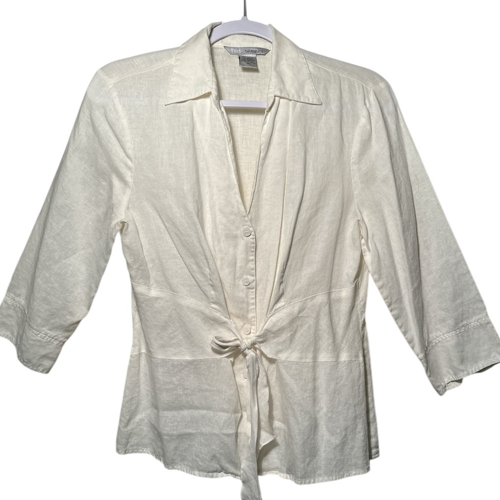 TSC Two Star Dog Women's Business White Hemp Tencel Front Button Tie Top, Medium